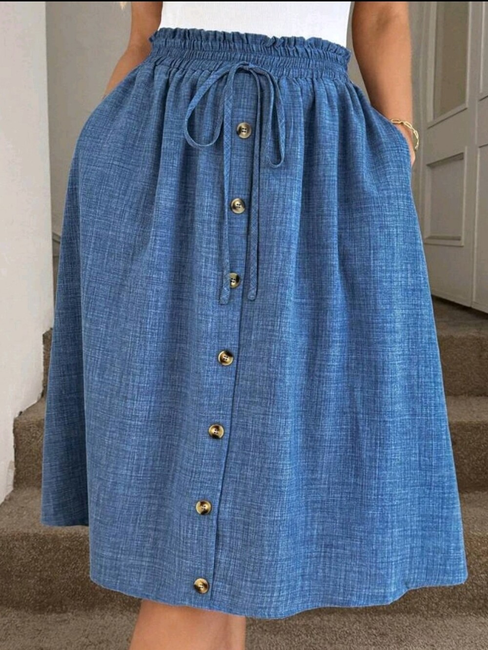 Women Light Blue Denim Effect A-Line Skirt, Loose Fit, For Autumn Vacatio - Picture 4 of 5
